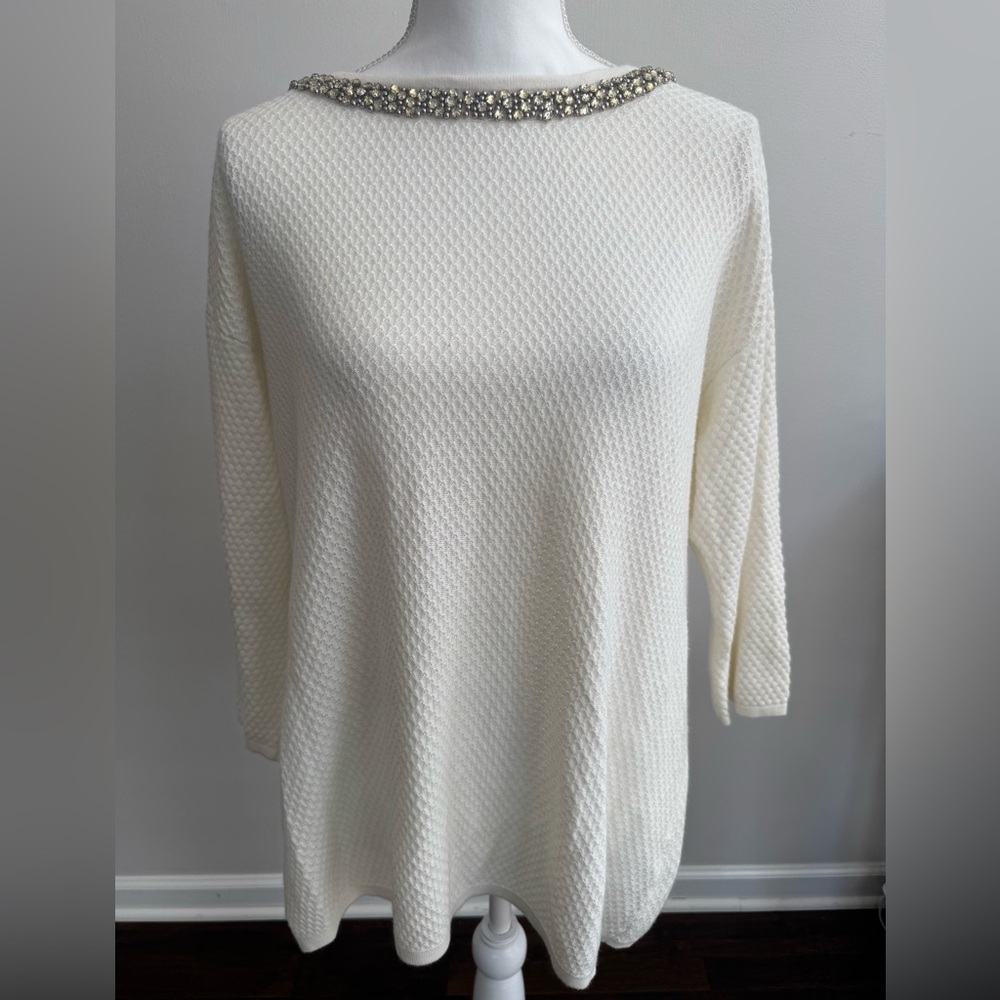 Hinge Cream Sweater with Embellished Neckline